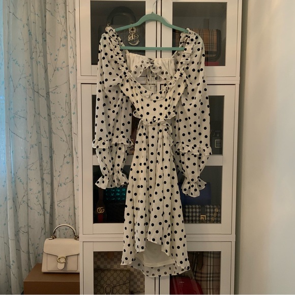 Dee Elly Mini Polkadot Dress Ruffles Long Sleeves Open Back Black Ivory Size S - Picture 6 of 7